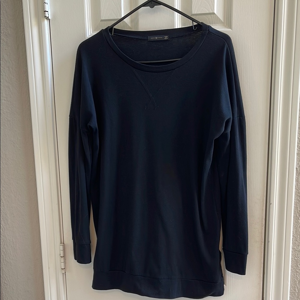 Basic Black Long Sleeve Long Length Women's Sweatshirt Top Side Slit Tunic Size